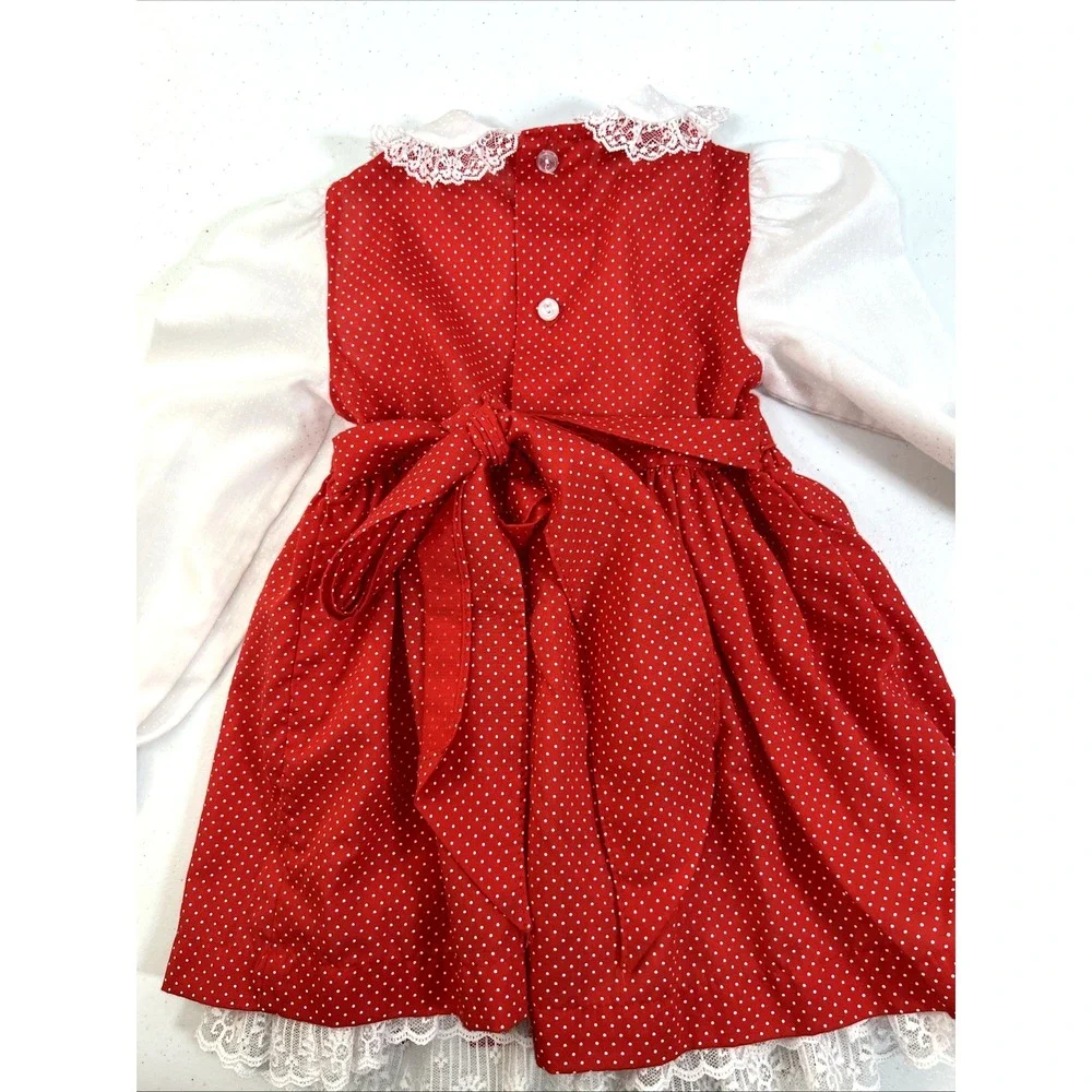 Vintage Polly Flinders Girls Red & White Polka-Dot Lace Smocked Dress Size 3T